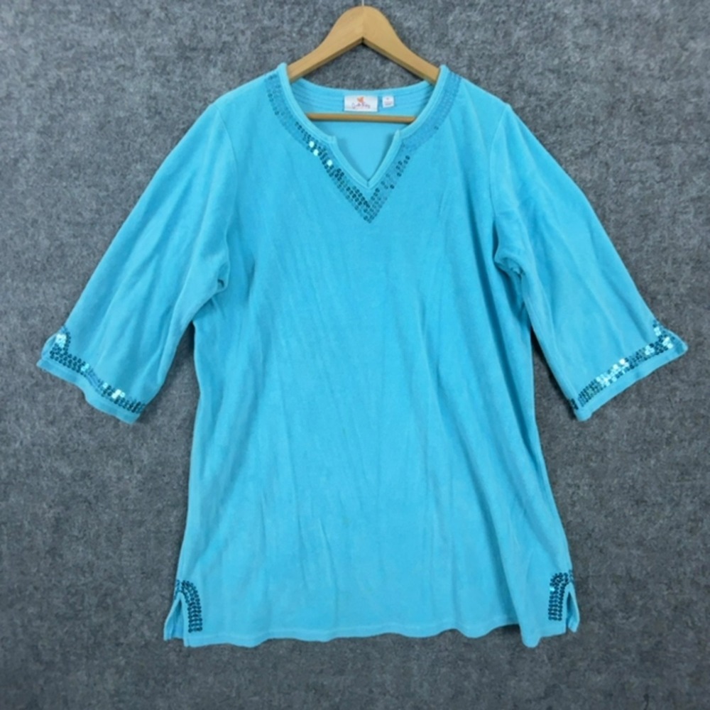 Quacker Factory Tunic Top Women XL Blue Stretch Sequin Embellishment Terry Cloth